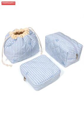 Quilted Cotton Makeup Bag Set 3-Piece Travel Toiletry Pouch Drawstring Gift